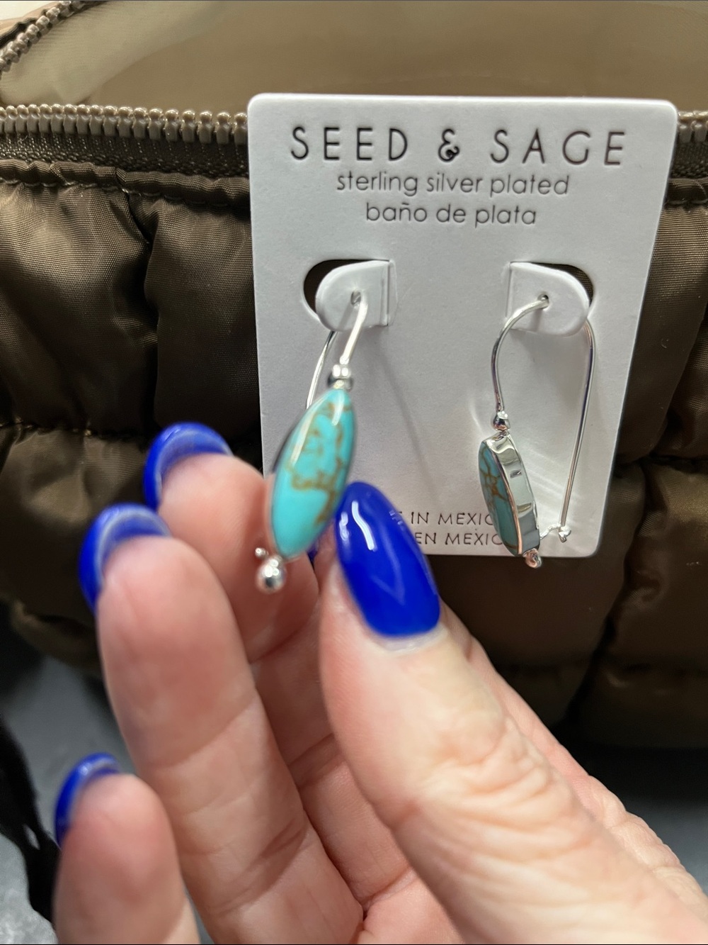 New Seed & Sage Sterling Silver Plated Turquoise Drop Earrings - Picture 3 of 6